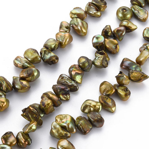 BeadsBalzar Beads & Crafts (PE9137-X) Natural Keshi Pearl Beads, Cultured Freshwater Pearl, Dyed, Nuggets, Olive, 8~17mm (1 STR)