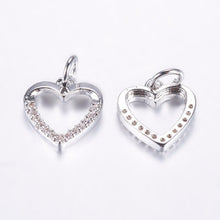 Load image into Gallery viewer, BeadsBalzar Beads &amp; Crafts PLATINUM PLATED (GQH8773-P) (GQH8773-X) Brass Micro Pave Cubic Zirconia Charms, Hollow Heart,  11.5x11x2mm (2 PCS)
