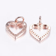 Load image into Gallery viewer, BeadsBalzar Beads &amp; Crafts ROSE GOLD PLATED (GQH8773-RG) (GQH8773-X) Brass Micro Pave Cubic Zirconia Charms, Hollow Heart,  11.5x11x2mm (2 PCS)
