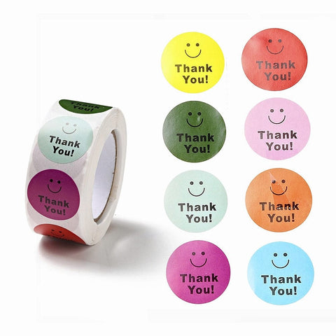 BeadsBalzar Beads & Crafts Round Dot Paper Thank You Stickers Roll, Smiling Face Self-Adhesive Gift Tags, for Seal Top Decoration, Mixed Color, 66x27mm, Stickers: 25mm in diameter, 500pcs/roll(