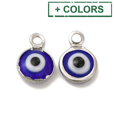 BeadsBalzar Beads & Crafts (SE8940-X) 304 Stainless Steel with Glass Enamel with Evil Eye, 9.5x6.5mm (6 PCS)