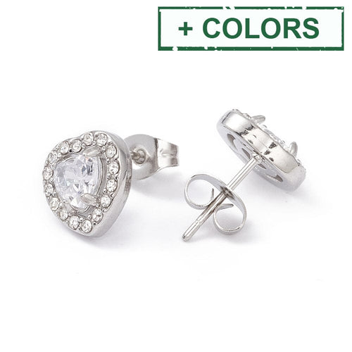 BeadsBalzar Beads & Crafts (SH8674-03G) Cubic Zirconia Heart Stud Earrings, Ion Plating(IP) 304 Stainless Steel, Crystal (10mm) (1 PAIR)