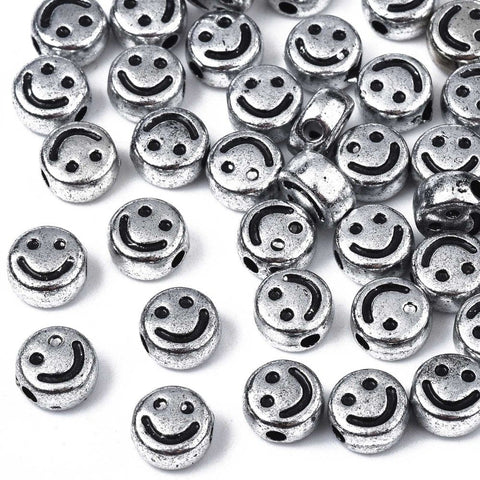 BeadsBalzar Beads & Crafts SILVER (AS9056-S) (AS9056-X) Acrylic Beads, Flat Round with Black Smiling Face, 7x4mm (+/- 100PCS)