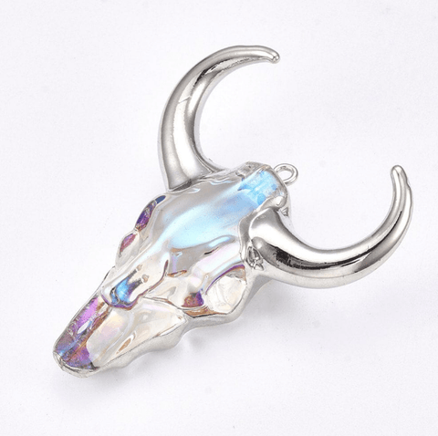 BeadsBalzar Beads & Crafts Silver Electroplate Glass Bull pendant  55~60mm long, 43~50mm wide