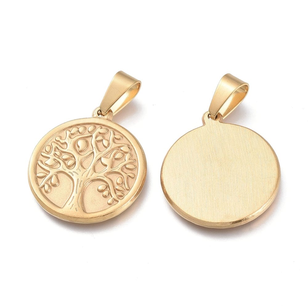 BeadsBalzar Beads & Crafts (ST8813-G) 304 Stainless Steel Pendants, Flat Round with Tree of Life, Golden  25x28mm (1 PC)
