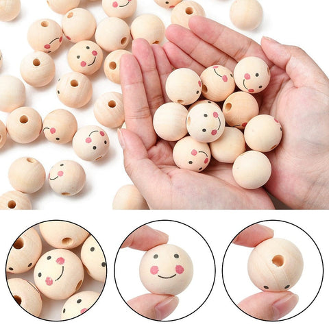 BeadsBalzar Beads & Crafts (WS9045A) Natural Wood Beads, Large Hole Beads, Smile Face, 24~25mm (10 PCS)