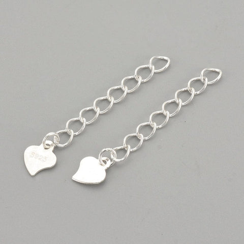 BeadsBalzar Beads & Crafts (925P-8482) 925 Sterling Silver Twisted Extender Chains, with Heart Charms, 32mm (2 PCS)
