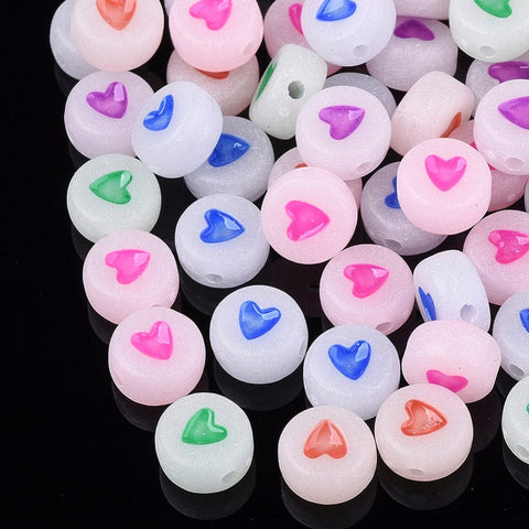 BeadsBalzar Beads & Crafts (AB6411A) Luminous Acrylic Beads, Flat Round with Heart, Mixed Color 7mm (10 GMS)