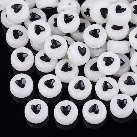 BeadsBalzar Beads & Crafts (AB6411B) Luminous Acrylic Beads, Flat Round with Heart, Creamy BLACK-White 7mm (10 GMS)