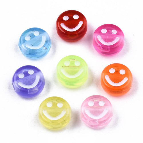BeadsBalzar Beads & Crafts (AB7422-4) Opaque Craft Acrylic Beads, Flat Round with Smiling Face, Mixed 10mm (10 GMS)