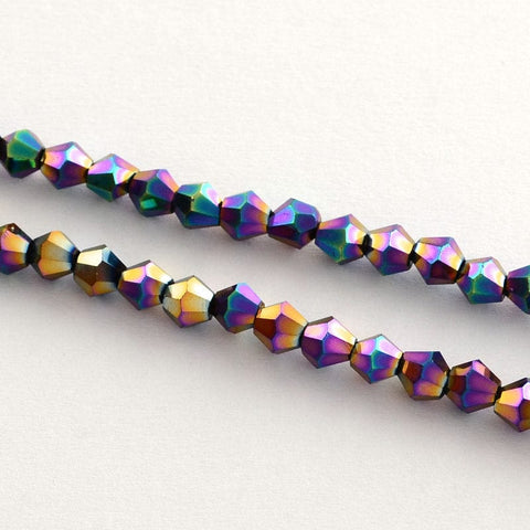 BeadsBalzar Beads & Crafts (BB3962E) Electroplate Glass Bead Strands, Rainbow Plated, Faceted Bicone, Multi-color Plated 3MM