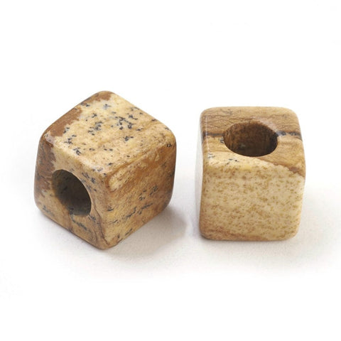 BeadsBalzar Beads & Crafts (BC6693D) Natural Picture Jasper European Beads, Large Hole Beads, Cube Size: about 10mm wide, 10mm long, 10mm thick, hole: 4.5~5mm (2 pcs)