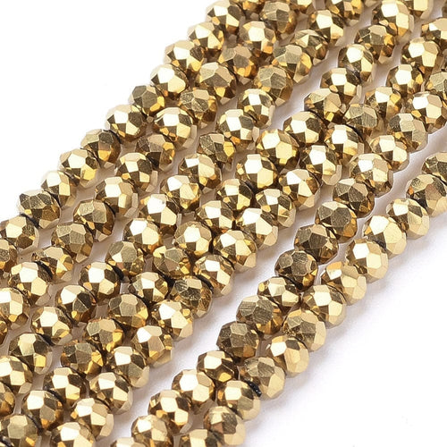BeadsBalzar Beads & Crafts (BE5536) Electroplate Glass Bead Strands, Faceted, Rondelle, Golden Plated 3MM