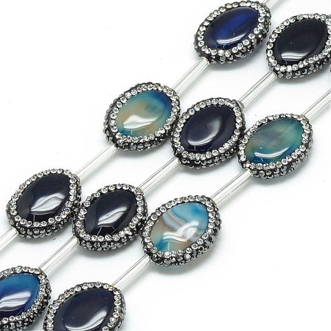 BeadsBalzar Beads & Crafts (BG5216E) Natural Agate Rhinestone Beads, Dyed, Oval, Blue (1 PC)