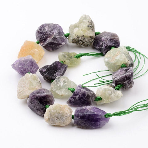 BeadsBalzar Beads & Crafts (BG6644A)Natural Raw Amethyst & Prehnite Beads Strands, Nuggets Size: about 10~28mm wide, 16~32mm long, 7~21mm thick