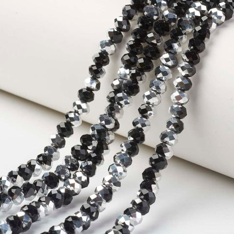 BeadsBalzar Beads & Crafts BLACK (BE8702-M01) (BE8702-X) Electroplate Transparent Glass Beads Strands, Half Silver Plated, Faceted, Rondelle, 8x6mm (1 STR)