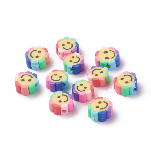 BeadsBalzar Beads & Crafts (CF7481-15) Handmade Polymer Clay Beads, Flower with Smile Face, Colorful 9~10.5mm (20 pcs)
