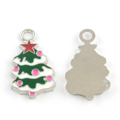 BeadsBalzar Beads & Crafts Christmas Tree Alloy Enamel Pendants, Christmas Theme, Platinum, Pink 26MM (CT5237)