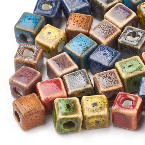 BeadsBalzar Beads & Crafts (CP6646A) MIX COLORS (CP6646X) Handmade Porcelain Beads, Fancy Antique Glazed Style, Cube, Mixed Color Size: about 10MM, Hole 4mm (6 PCS)