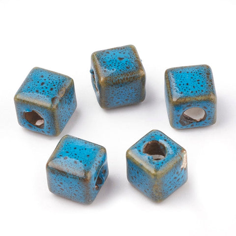 BeadsBalzar Beads & Crafts (CP6646B) DEEP SKY BLUE (CP6646X) Handmade Porcelain Beads, Fancy Antique Glazed Style, Cube, Mixed Color Size: about 10MM, Hole 4mm (6 PCS)