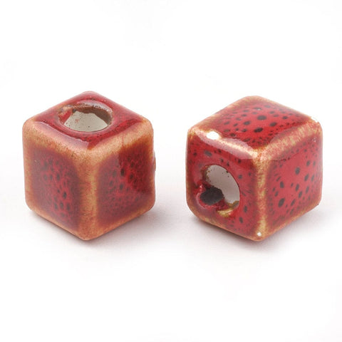 BeadsBalzar Beads & Crafts (CP6646D) RED (CP6646X) Handmade Porcelain Beads, Fancy Antique Glazed Style, Cube, Mixed Color Size: about 10MM, Hole 4mm (6 PCS)