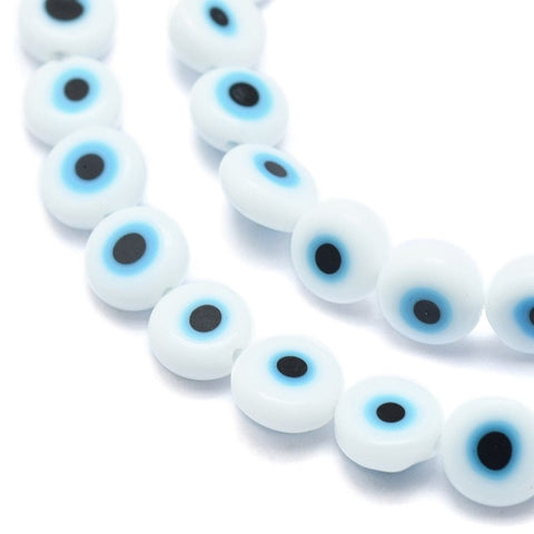 BeadsBalzar Beads & Crafts (EE5727-14) WHITE/BLUE (EE5727-X) Handmade Evil Eye Lampwork Flat Round Bead , Blue 6mm (50 PCS)