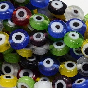 BeadsBalzar Beads & Crafts (EE5727-M) MIX COLORS (EE5727-X) Handmade Evil Eye Lampwork Flat Round Bead , Blue 6mm (50 PCS)