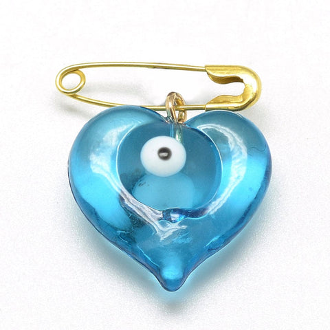 BeadsBalzar Beads & Crafts (EH5896) Handmade Lampwork Brooches, Heart with Evil Eye, Golden, LightSkyBlue Size: heart: about 19mm long, (2 PCS)