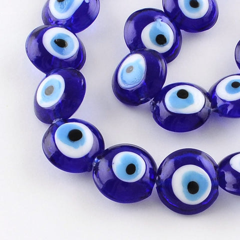 BeadsBalzar Beads & Crafts (EY2848) BLUE (EY2848X) Flat Round Evil Eye Lampwork Bead Strands, Blue 15~16mm (10 PCS)