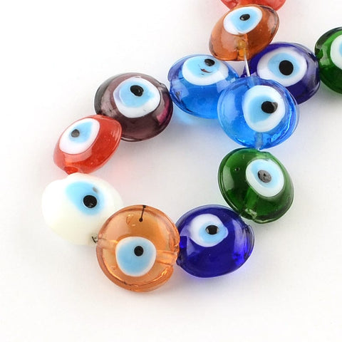 BeadsBalzar Beads & Crafts (EY2848-M) MIX COLORS (EY2848X) Flat Round Evil Eye Lampwork Bead Strands, Blue 15~16mm (10 PCS)