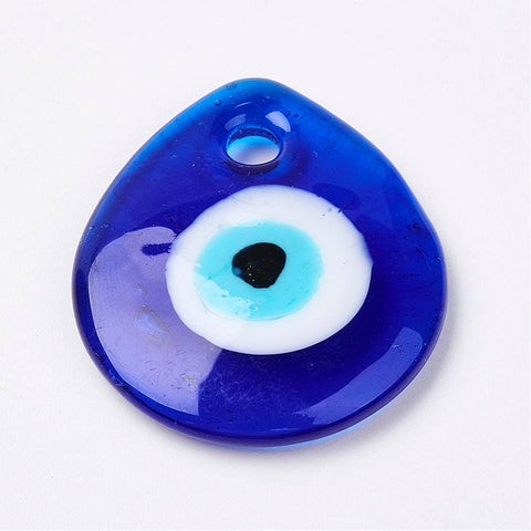 BeadsBalzar Beads & Crafts (EY4582) Handmade Lampwork Evil Eye Pendants, Flat Drop, Blue (2 PCS)