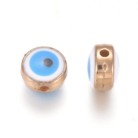 BeadsBalzar Beads & Crafts (EY8346-X) Acrylic Enamel Beads, Flat Round with Evil Eye, Golden, 7.5mm (10 PCS)