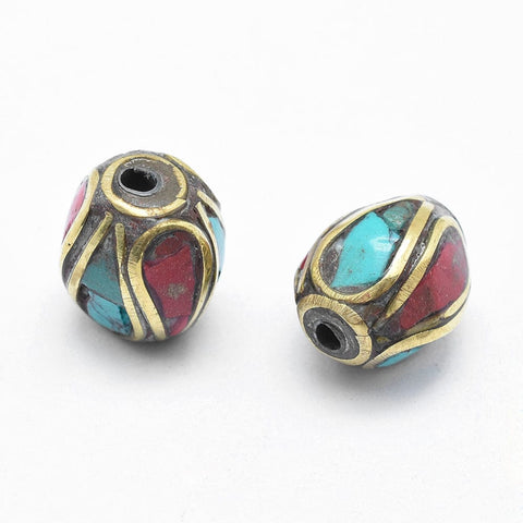 BeadsBalzar Beads & Crafts (FB5208-13) Handmade Indonesia Beads, with Brass, Synthetic Coral, Turquoise, Oval, 10~10.5mm (3 PCS)