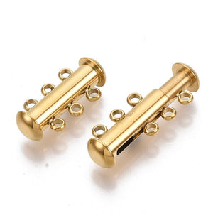 BeadsBalzar Beads & Crafts GOLDEN (SC8691-G) (SC8691-X) 304 Stainless Steel Slide Lock Clasps, 3 Strands, 6 Holes, Tube, 20x10mm (1 SET)