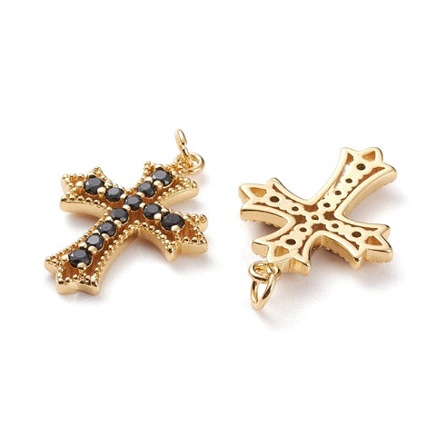 BeadsBalzar Beads & Crafts (GQC7845-23G) Brass Cubic Zirconia Greek Cross, Real 18K Gold Plated 18.5x25mm (1 PC)