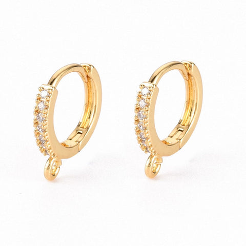 BeadsBalzar Beads & Crafts (GQE8285-G) Brass Micro Pave Clear Cubic Zirconia Hoop Earring Real 18K Gold Plated, 14x13x2mm (2 PAIRS)