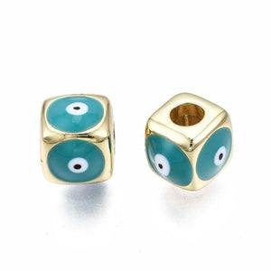 BeadsBalzar Beads & Crafts (GQE8730A) Brass with Enamel, Large Hole  Cube with Evil Eye, Light Sea Green 10mm (2 PCS)