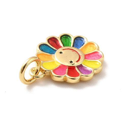 BeadsBalzar Beads & Crafts (GQF8716-M) Rack Plating Brass Pendant Flower with Smiling Face, Colorful 12x14mm (2 PCS)