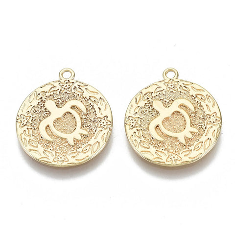 BeadsBalzar Beads & Crafts (GQP8311-G) Brass Pendants, Flat Round with Turtle, Real 18K Gold Plated 19.5mm (2 PCS)