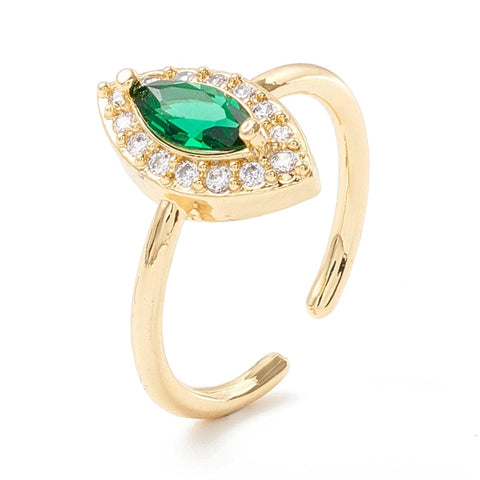 BeadsBalzar Beads & Crafts (GQR8308-RS) Brass Green Cubic Zirconia Horse Eye Cuff Ring,  Real 18K Gold Plated 17mm (1 PC)