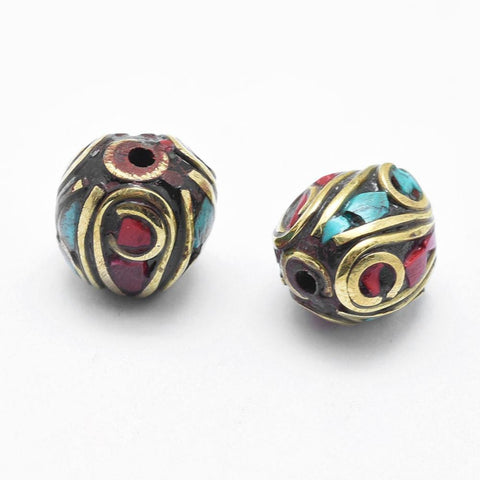 BeadsBalzar Beads & Crafts Handmade Indonesia Beads, with Brass, Coral, Turquoise, Round, Colorful 10MM (FB5208)