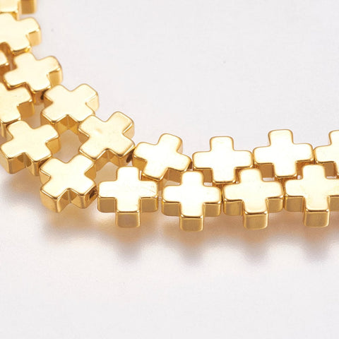 BeadsBalzar Beads & Crafts (HB5456) Electroplate Non-magnetic Synthetic Hematite Beads Strands, Cross, Golden Plated 6MM