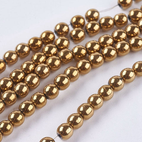 BeadsBalzar Beads & Crafts (HB6082A) Non-magnetic Synthetic Hematite Beads Strands, Round, Golden Plated 4mm in diameter, hole: 1mm;