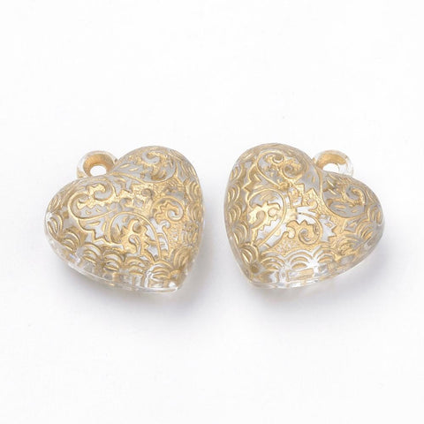 BeadsBalzar Beads & Crafts (HE5146) Plating Transparent Acrylic Pendants, Golden Metal Enlaced, Heart, Clear 22MM (10 PCS)