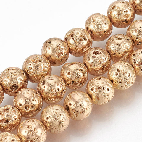 BeadsBalzar Beads & Crafts (LB5632) Electroplated Natural Lava Bead Strands, Round, Bumpy, Light Gold Plated 7MM