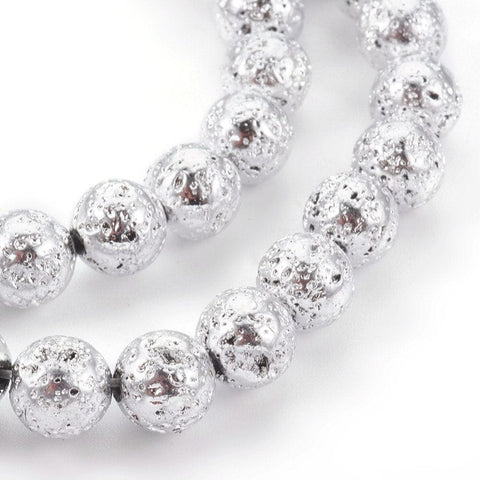 BeadsBalzar Beads & Crafts (LB5883B) Electroplated Natural Lava Bead Strands, Round, Silver Size: about 10~10.5mm