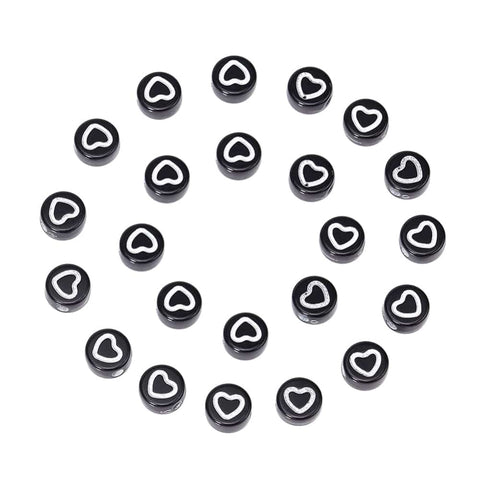BeadsBalzar Beads & Crafts (LB6555A) Craft Style Acrylic Beads, Flat Round with Heart, Black Size: about 7mm in diameter (+-- 70PCS)