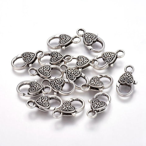 BeadsBalzar Beads & Crafts (LC5876) Tibetan Style Heart Lobster Claw Clasps, Antique Silver Color about 25.5mm long (4 PCS)