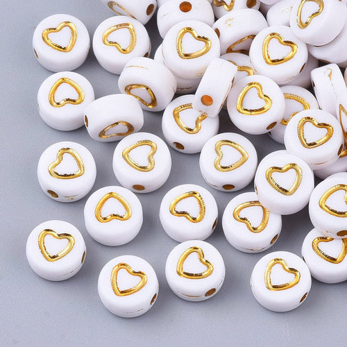 BeadsBalzar Beads & Crafts (LE6471A) Plating Acrylic Beads, Flat Round with Heart, Golden Plated 7mm (10 GMS)