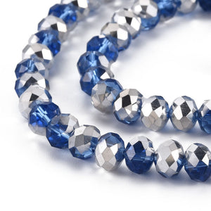 BeadsBalzar Beads & Crafts MEDIUM BLUE (BE8702-M25) (BE8702-X) Electroplate Transparent Glass Beads Strands, Half Silver Plated, Faceted, Rondelle, 8x6mm (1 STR)